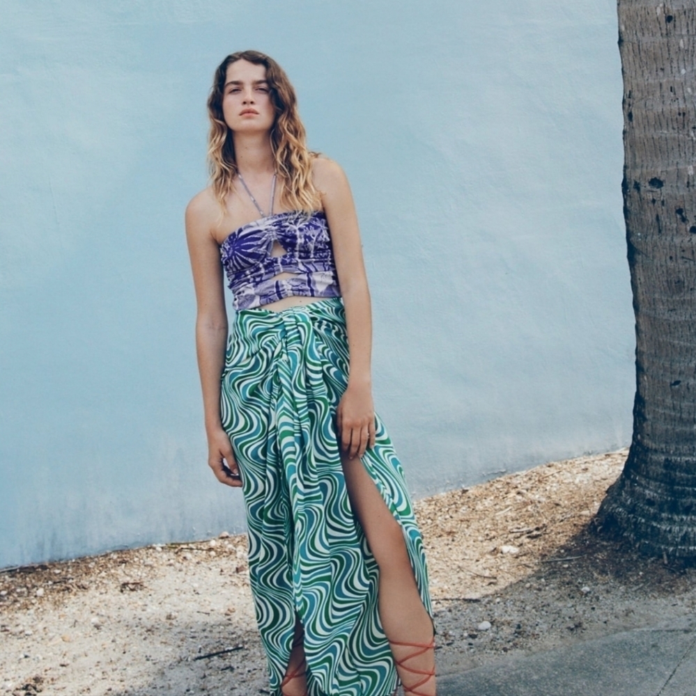 Zara Purple and Green Strapless Top